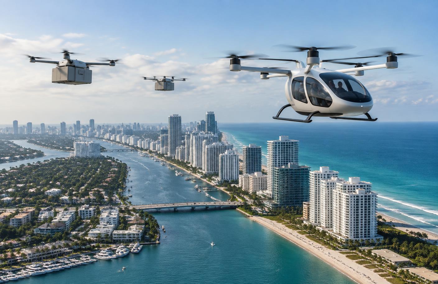 Passenger aircraft and cargo drones above Miami waterways