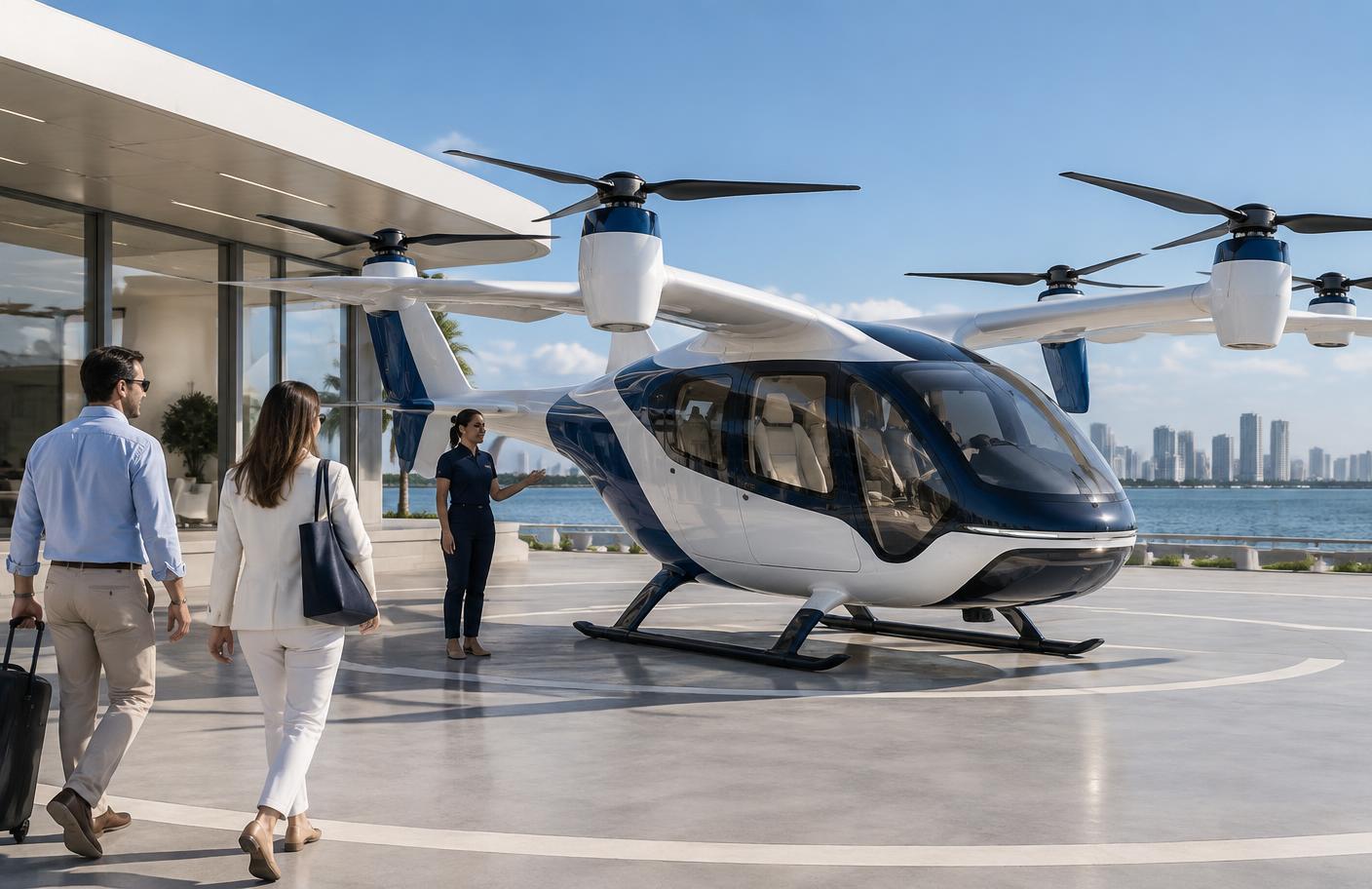 Passengers approaching a future electric aircraft at a waterfront station